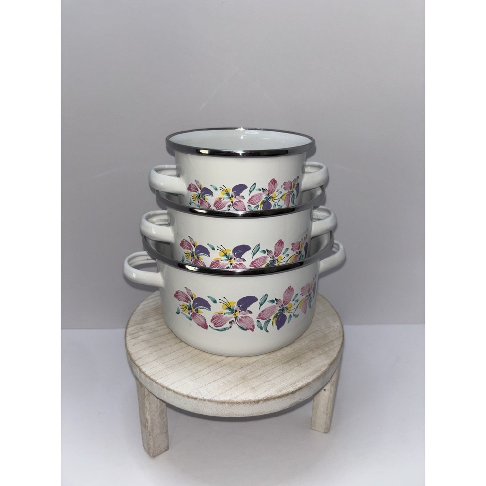 Vintage 1980s Floral Enamel Saucepan Set – 3 Matching Pans NO Lids– Cottage Core